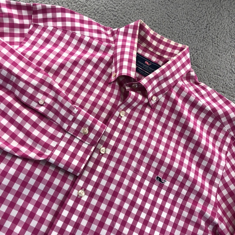 Vineyard Vines Shirt Mens Extra Large Pink White Gingham Plaid Tucker Cotton